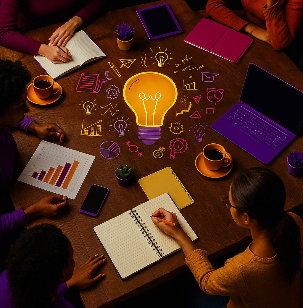 Mesa de trabajo colaborativo con elementos educativos e ideas visuales.
